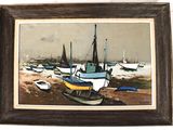 a painting of boats on the beach in the water