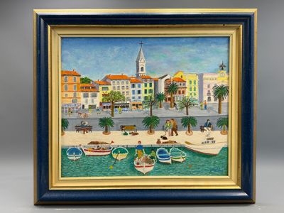 painting of boats in a harbor with a clock tower in the background