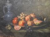 a painting of a plate of fruit and a vase on a table