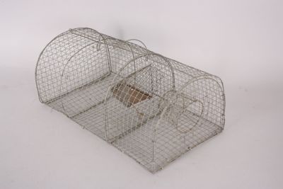 a small metal cage with a bird inside of it