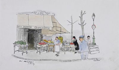 un dessin représentant une scène de rue avec des passants