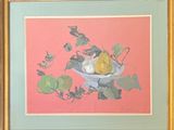 a painting of a bowl of fruit on a table