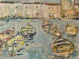 peinture de bateaux dans un port avec des bâtiments en arrière-plan
