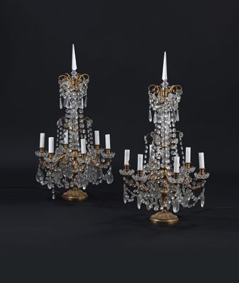 pair of antique crystal and brass candelabs