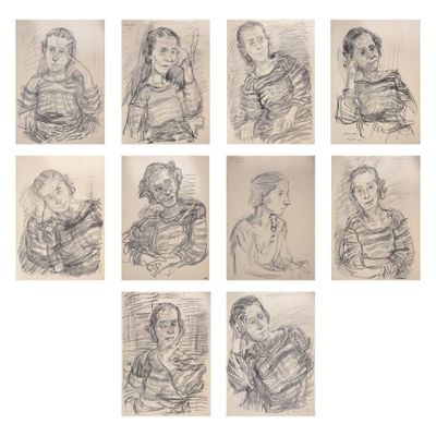 six croquis représentant une femme et un enfant dans différentes poses