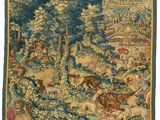 une image représentant une tapisserie avec des animaux et des personnages dans une forêt