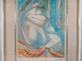 painting of a woman sitting on a bed with a red and blue blanket