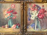 two paintings of flowers in a vase and a vase of flowers on a table
