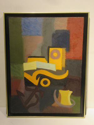 tableau encadré représentant un camion jaune et une tasse jaune posés sur une table