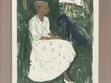 tableau représentant une femme assise sur une chaise à côté d'un chien noir