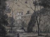 a drawing of a castle in the distance with trees in the foreground