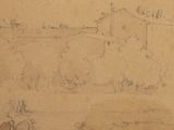 drawing of a group of people riding horses in front of a castle