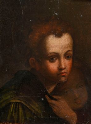 a painting of a young boy in a green cloak