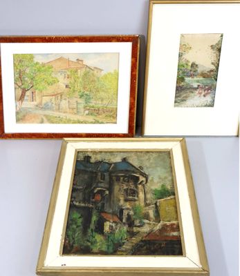 Lot comprenant : - Ecole Française. Ferme. Aquarelle, signée…