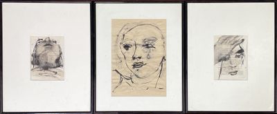 trois dessins encadrés représentant le visage d'une femme et celui d'un homme