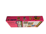 a pink box with stickers on it on a white background
