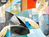 une peinture représentant un homme et une femme assis sur un canapé