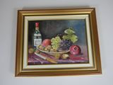 a painting of a bowl of fruit and a bottle of wine