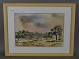 une aquarelle représentant un paysage avec des arbres et une rivière