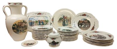beaucoup d'assiettes et un vase sur la table