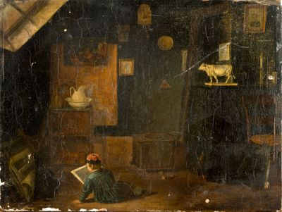 painting of a woman reading a book in a dark room