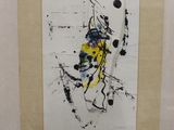 framed picture of a painting of a woman in a yellow dress with black and white paint