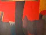 abstract painting of a dog and a cat on a red, yellow, and black background