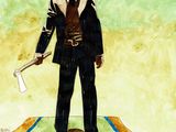 a drawing of a man in a suit and hat standing on a rug