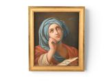 a painting of a woman with a blue turban reading a book
