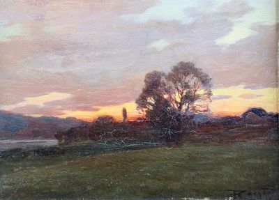 une image représentant un tableau représentant un coucher de soleil sur un lac