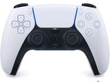 the front view of a white controller with a blue button