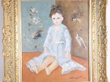 painting of a young girl in a blue dress sitting on the floor