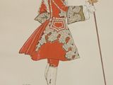 drawing of a man in a red coat and hat with a cane