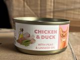 une boîte de poulet et de canard aux petits pois, à l'huile de colza