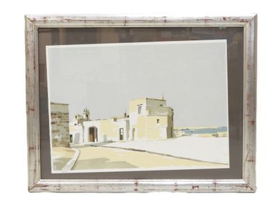 tableau représentant un bâtiment sur fond blanc, encadré