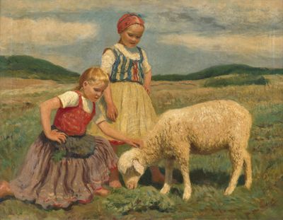 tableau représentant deux jeunes filles donnant à manger à un mouton dans un champ