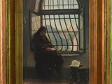 une peinture à l'huile représentant une femme assise devant une fenêtre