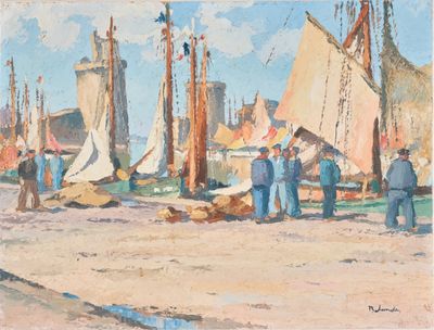 un tableau représentant un groupe de personnes debout sur une plage