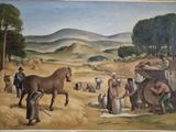 un tableau représentant un cheval et des personnes travaillant dans un champ