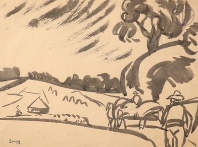 un dessin en noir et blanc représentant un paysage avec des arbres