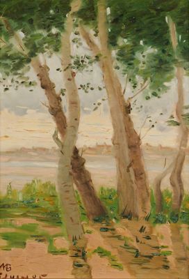 une peinture à l'huile représentant des arbres dans un champ, avec un plan d'eau en arrière-plan