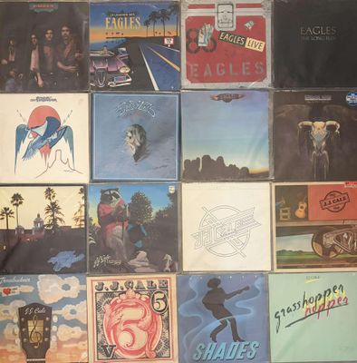 a lot of different album covers on the wall