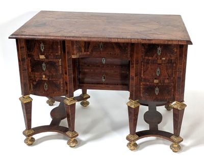 an image of a wooden desk with two drawers and two legs