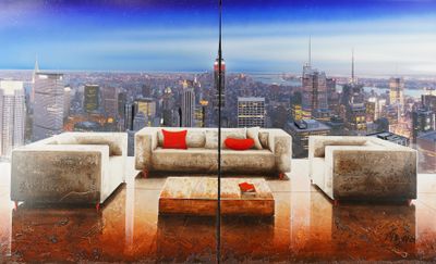 a painting of a living room with a view of the city