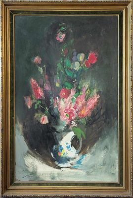 painting of a vase with flowers in it sitting on a table