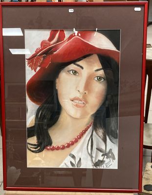 tableau représentant une femme portant un chapeau rouge et un collier rouge