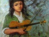 an oil painting of a woman holding a violin in her hands