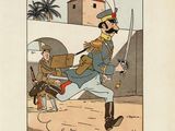an old picture of a cartoon of a soldier running with a sword