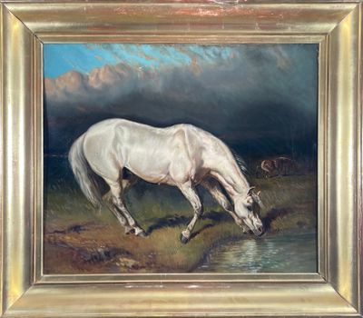 tableau représentant un cheval blanc buvant l'eau d'un ruisseau dans un champ