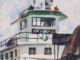 a watercolor painting of a boat on the water